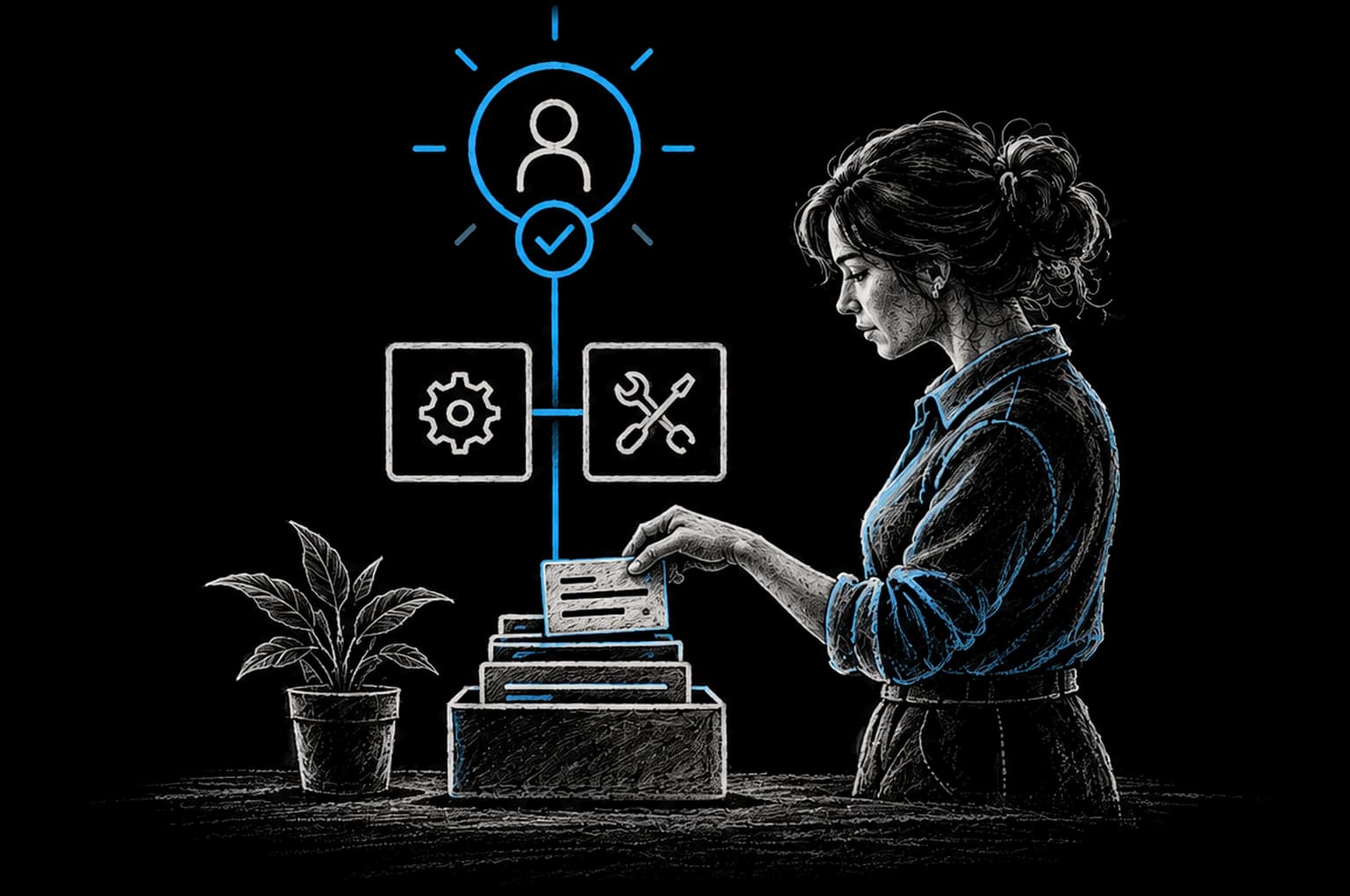 Chalk illustration: a colleague filing a request that connects through tooling to a person at the center of the system