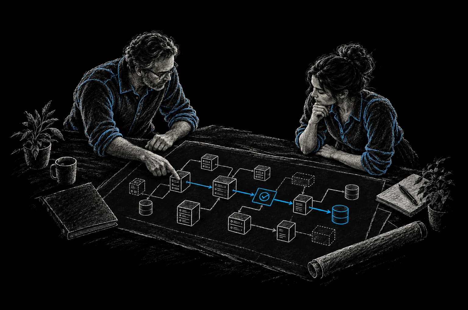 Chalk illustration of colleagues tracing connections through an existing system