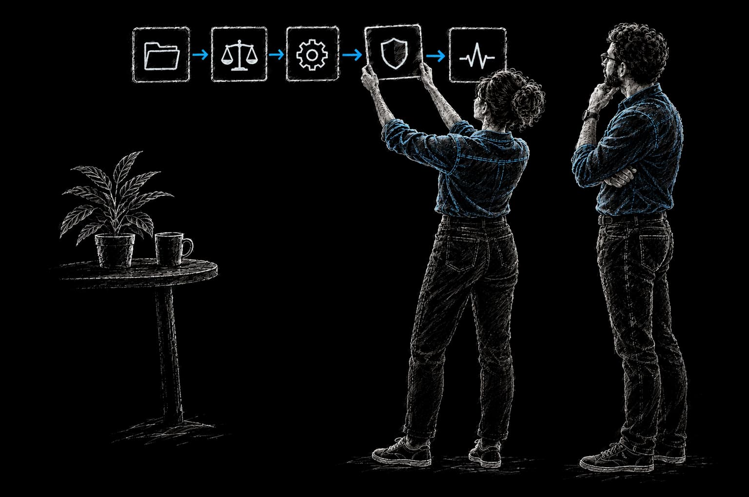 Chalk illustration: two colleagues arranging five connected CRAFT cards on a wall