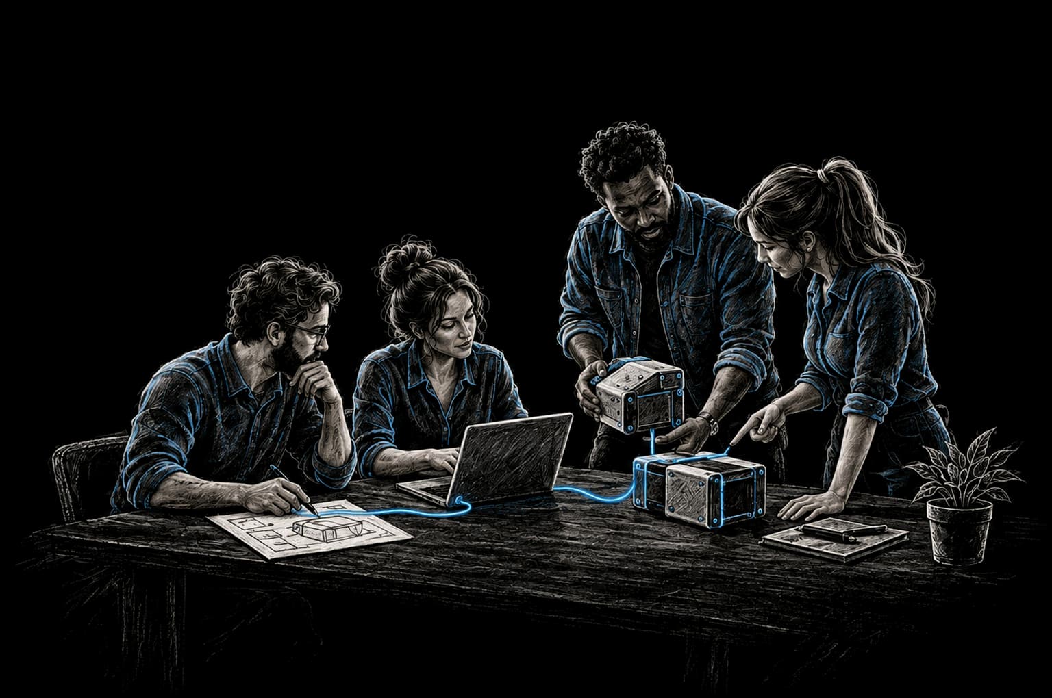 Chalk illustration of an integrated delivery team at work