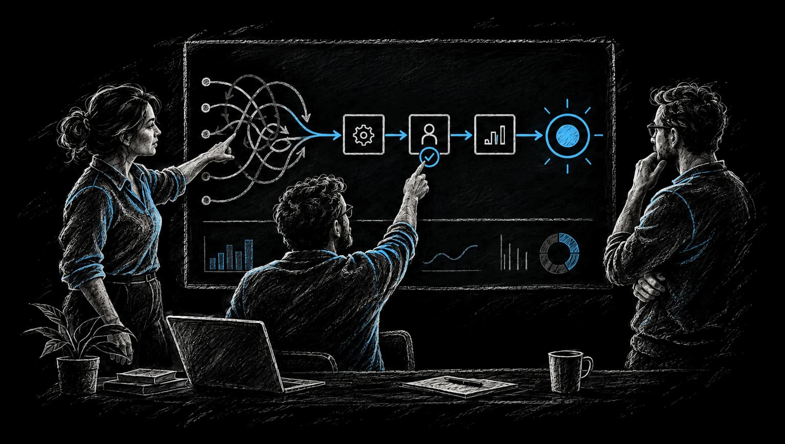 Chalk illustration of colleagues mapping a business workflow together