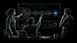 Chalkboard illustration of a tangle of arrows resolving into an ordered workflow