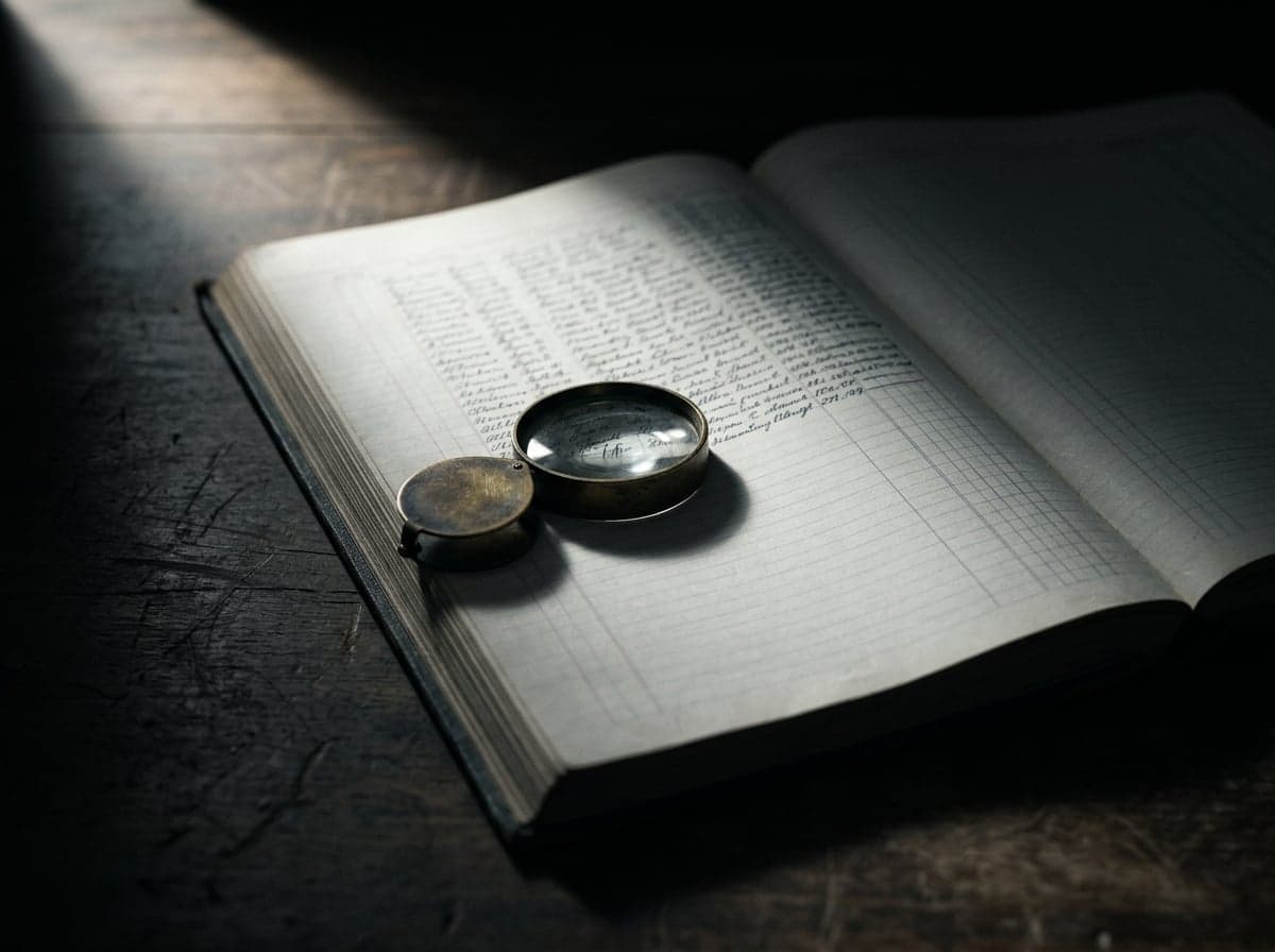 A patinated brass reading loupe resting on the last filled rows of an open ledger on a dark walnut desk, the ruled page below left blank, so the record looks complete right up to where it stops.