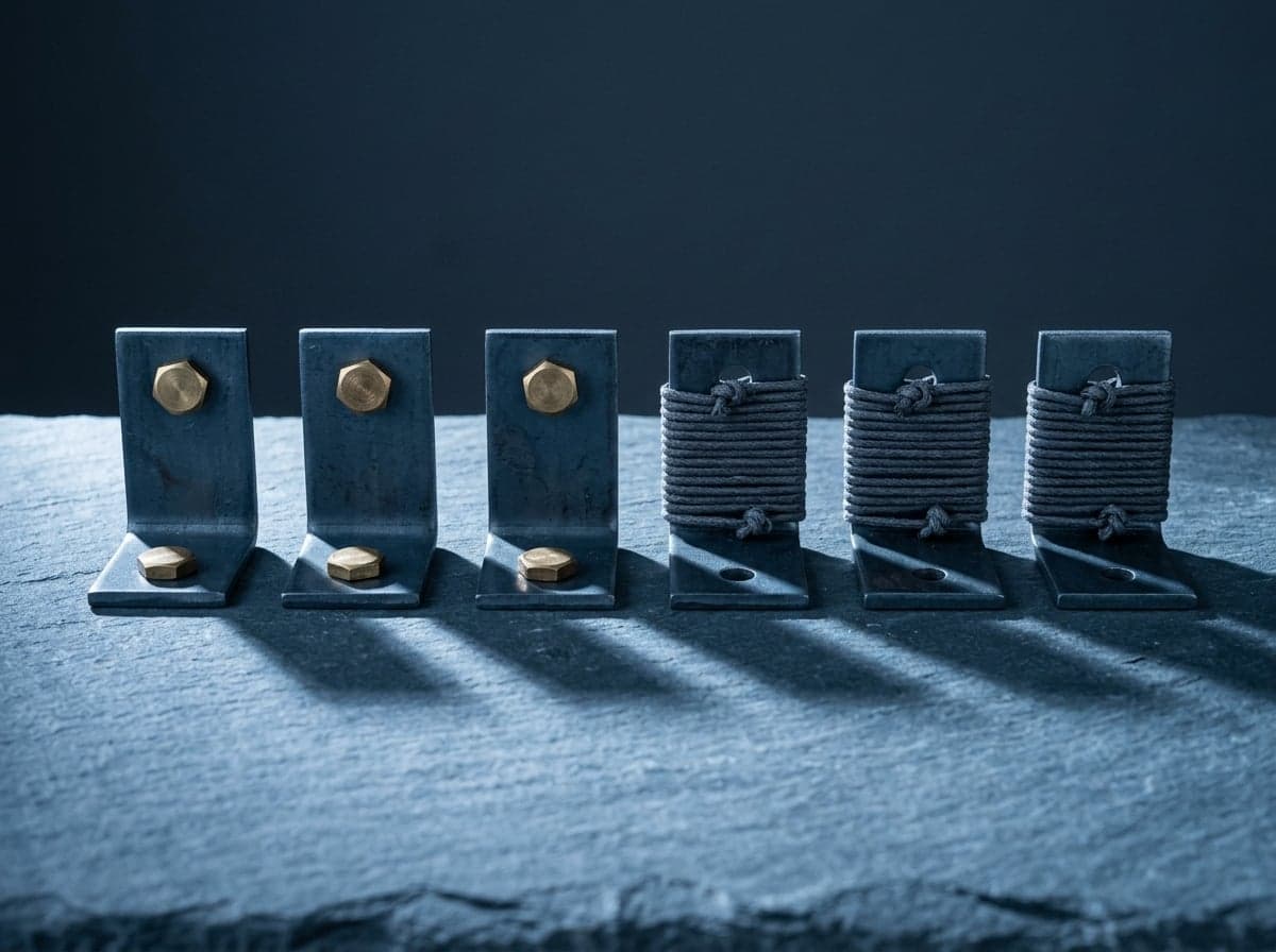 A row of six identical dark steel angle brackets on cool blue-gray slate: three fixed with patinated brass bolts, three held only by wraps of gray cord — the same joint, some enforced by hardware and some only by agreement.