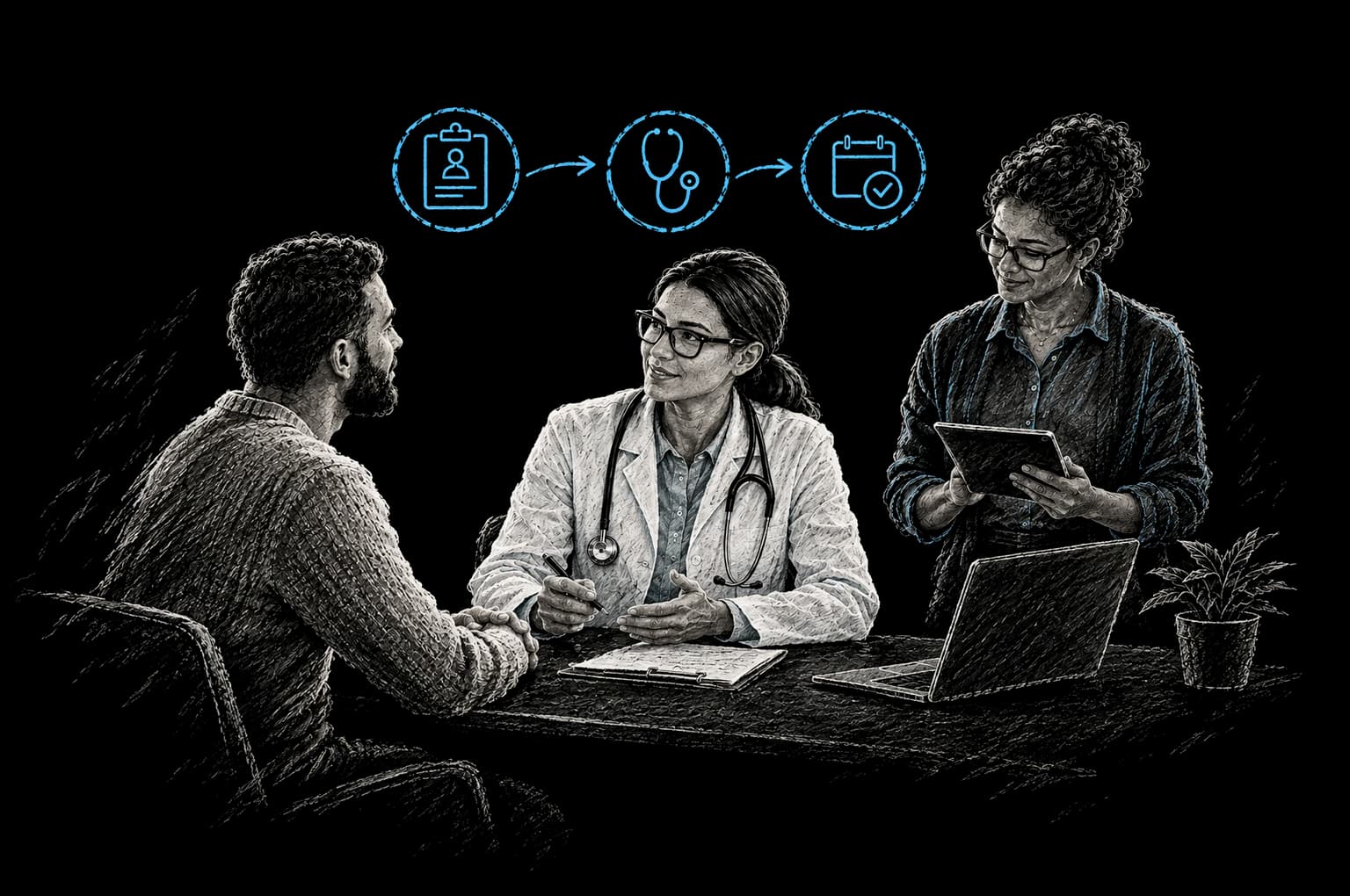 Chalk illustration of a clinician and patient with a coordinated care workflow